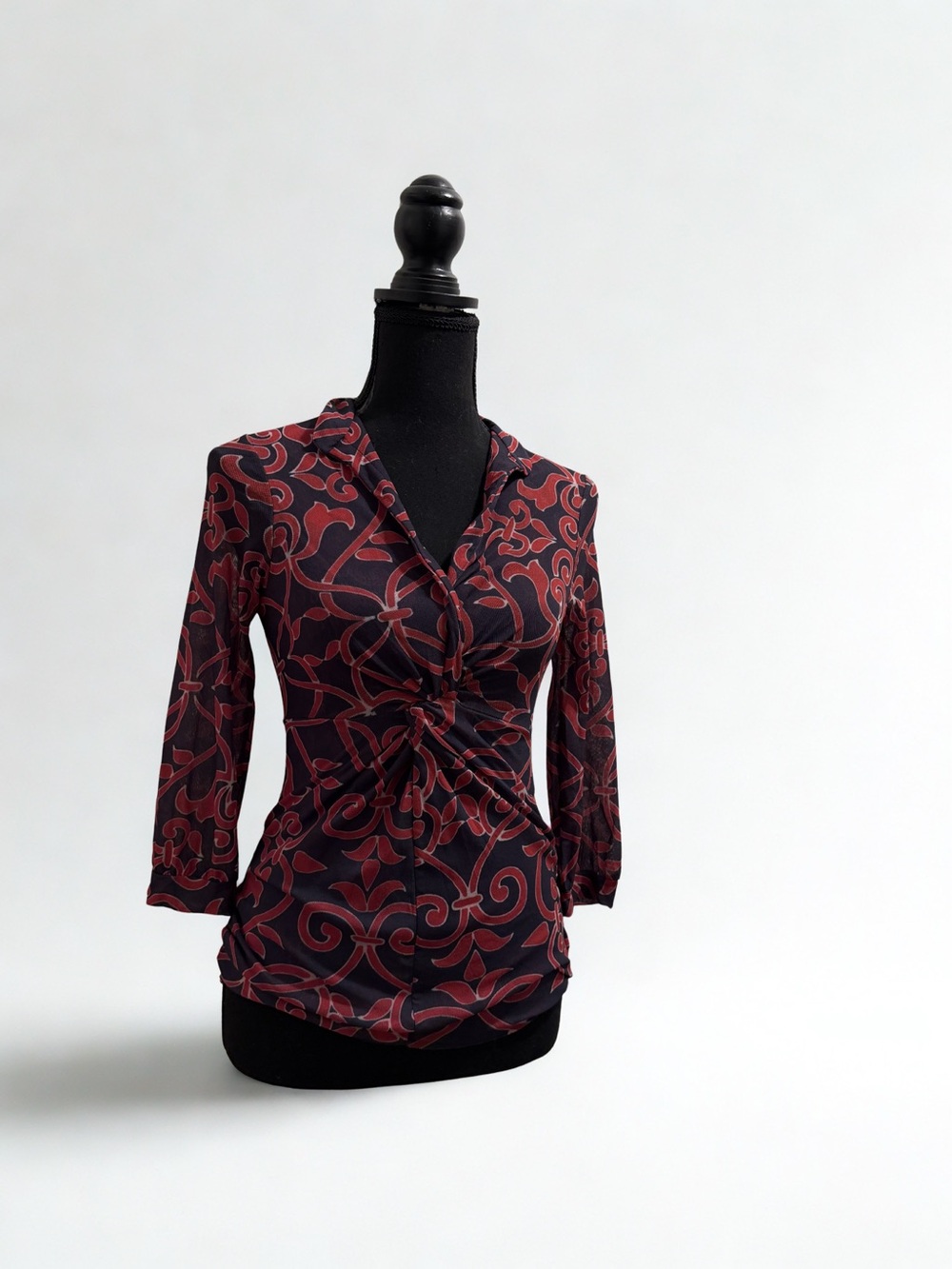 Women's y2k  V-Neck Twist Front mesh Top - Black & red swirl pattern